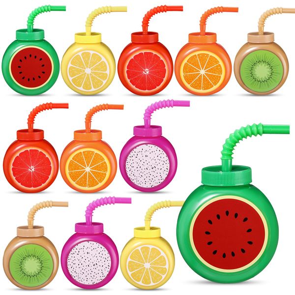 Mifoci 12 Set Summer Fruit Cups with Straws Lids 10oz Plastic Frutti Party Cups Tropical Kiwi Lemon Orange Grapefruit Watermelon Pitaya Sippy Cup for Boys Girls Birthday Luau Party Favor Supplies