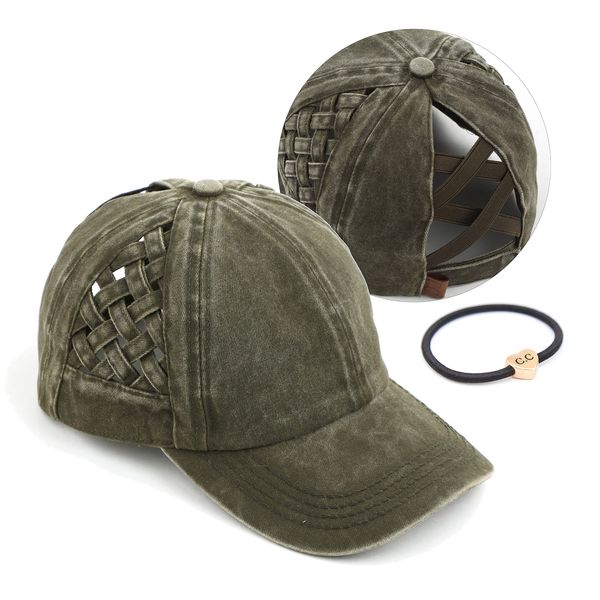 C.C Exclusives Washed Cotton Denim Basket Weave Criss-Cross Ponytail Baseball Cap Bundle Hair Tie (BT-922) Dark Olive