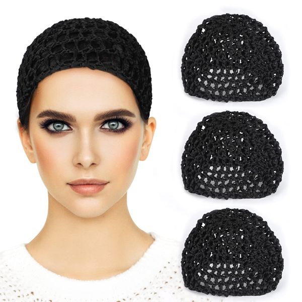 3 Pieces Mesh Crochet Hair Net Snoods for Women, Soft Rayon Knit Crochet Hairnet Hair Cover Accessory for Sleeping (Black)