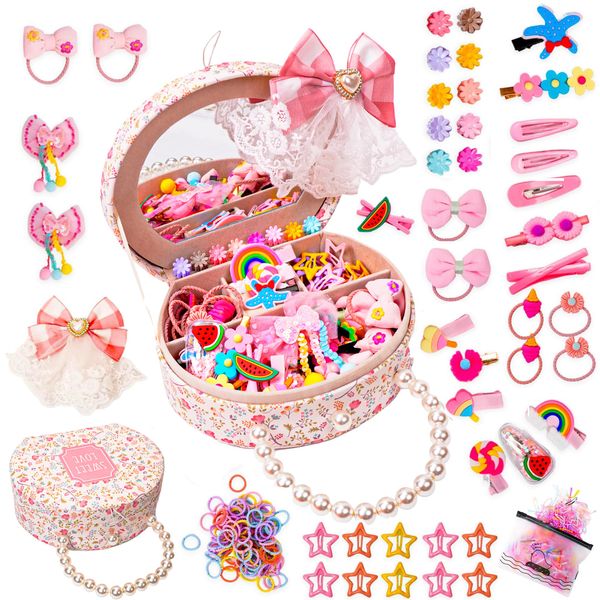 Hair Accessories for Girls Hair Jewelry Set for Girls Including Jewelry Box/Hair Clips/Hair Barrettes/Hair Ties/Hair Bows Christmas Gifts gift for girls Age 4 5 6 7 8-10 (Round Jewelry Box)