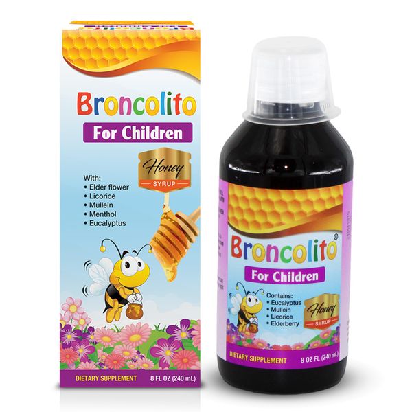 BRONCOLITO Honey Syrup for Children - Natural Herbal Blend with Elder Flower, Licorice, Mullein & Eucalyptus - Soothing Formula with Sweet Honey Taste - 8 fl oz Dietary Supplement