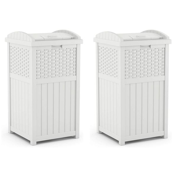 Suncast Wicker Resin Outdoor Hideaway Trash Can Bin with Latching Lid (2 Pack)