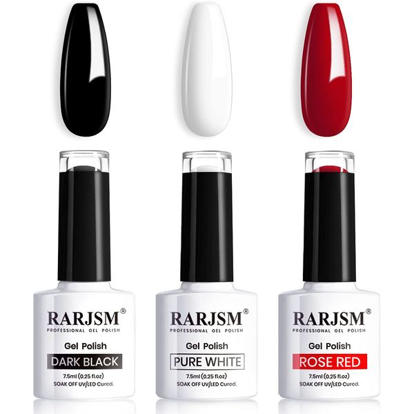 RARJSM Black White Gel Nail Polish Kit Pastel Red Nail Polish 3PCS 7.5ML Quick Dry Nail Polish Thinner Nail Art French Manicure DIY at Home as Nail Salon Led UV Lamp Curing Requires