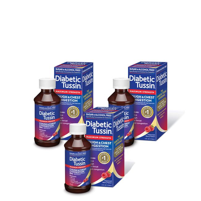 Diabetic Tussin DM Maximum Strength Cough and Chest Congestion Relief Liquid Cough Syrup, Safe for Diabetics, Berry Flavored, 4 Fluid Ounce (Pack of 3)