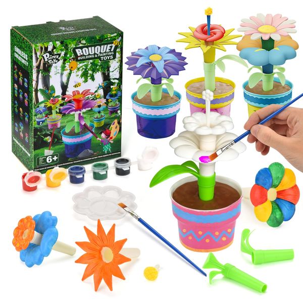 Pairez Toys Flowers Building Blocks Toys, Painting Kit Flower Toys for Kids, Arts and Crafts Kits, STEM Educational Gardening Pretend Toy for Girls & Boys Age 6 7 8 9 10