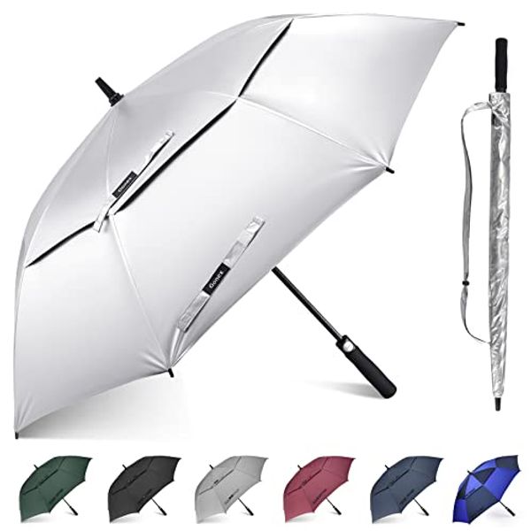 Gonex 68 Inch Silver Extra Large Golf Umbrella, Automatic Open Travel Rain Umbrella with Windproof Water Resistant Double Canopy, Oversize Vented Umbrellas for 2-3 Men and UV protection, Black