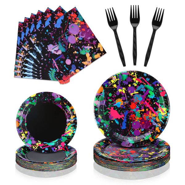 Baderke 192 Pcs Neon Glow Party Supplies Glow Party Tableware Set Including Paper Plates, Napkins, Forks, Neon Birthday Party Decorations Party Favors Glow in the Dark Party Decor, Serves 48 Guests