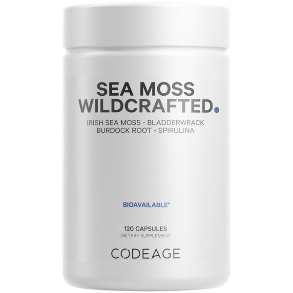 Codeage Raw Wildcrafted Irish Sea Moss Supplement, Spirulina Algae, Bladderwrack Seaweed, Burdock Root, Black Pepper, Vegan, Non-GMO, 120 Capsules