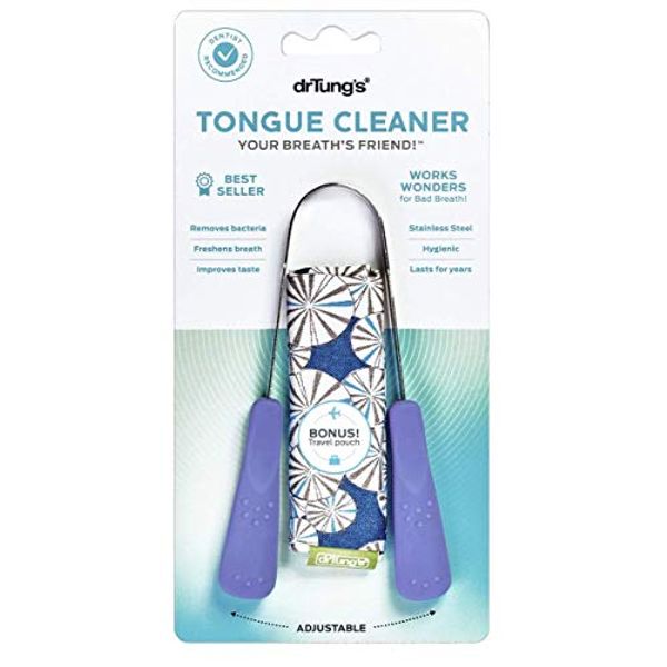 DrTung’s Stainless Tongue Scraper - Tongue Cleaner for Adults, Kids, Helps Freshens Breath, Easy to Use Comfort Grip Handle, Comes with Fabric Travel Pouch - Stainless Steel Tongue Scrapers, (1 Count)