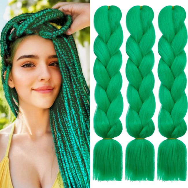 HAIRCUBE Green Braiding Hair 24 Inch 3 Packs Pre Stretched Box Braids Colorful Twist Braiding Hair Extensions Synthetic Crochet Braiding (Green)