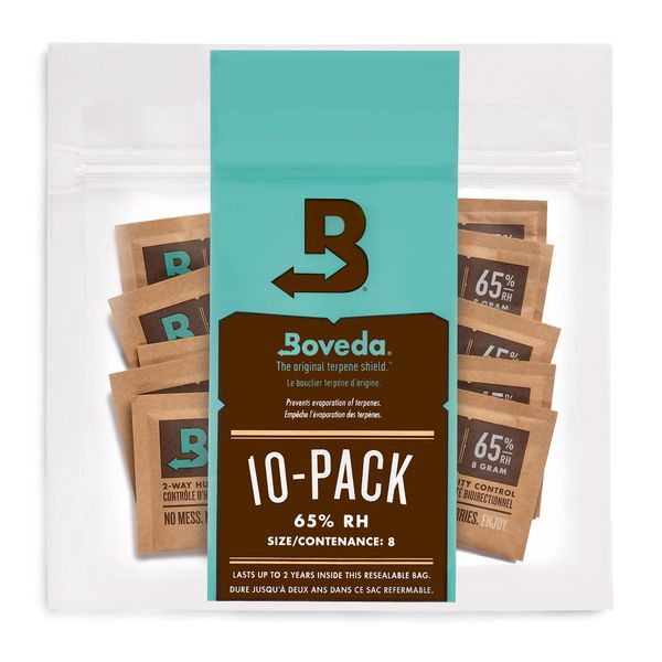 Boveda Cigar/Tobacco 65-RH 2-Humidity Control Size 8 Uses Up to 5 Cigars Patented Technology Cigar Humidor 10-Count Resealable Bag