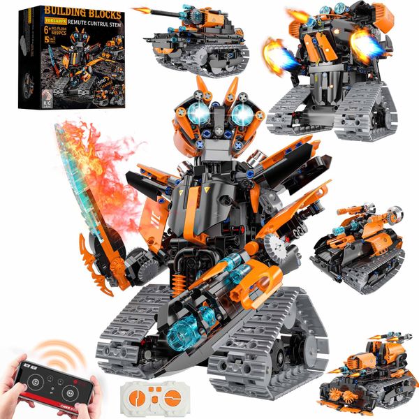 TOBSABPX STEM Building Toys for Kids 6-14, 5in1 STEM Robot Building Kit for Kid, Remote & APP Controlled Tank Bulldozer Robot Building Blocks Set Birthday Xmas Gifts Ideas for Boys Girls (689PCS)