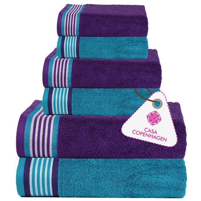 CASA COPENHAGEN Designed in Denmark 550 GSM 2 Large Bath Towels 2 Large Hand Towels 2 Washcloths, Super Soft Egyptian Cotton 6 Towels Set for Bathroom, Kitchen & Shower - Violet Indigo & Teal Green