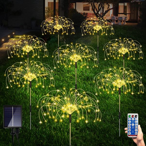 Maleyt Solar Garden Lights 8 Pack, Solar Powered Outdoor Decorative Lamps, 120 LED Solar Firework Lights with Remote Control, 8 Modes Waterproof DIY Landscape Lighting for Backyard Garden Decoration