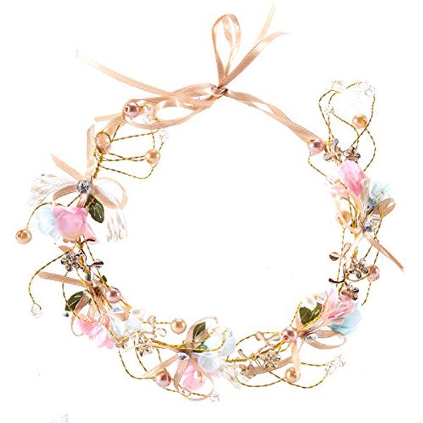 Artfen Handmade Bridal Flower Garland Bow Headband Bridesmaid Children Crown Hair Wreath Halo Adjustable Ribbon Wedding Festivals Party Cosplay