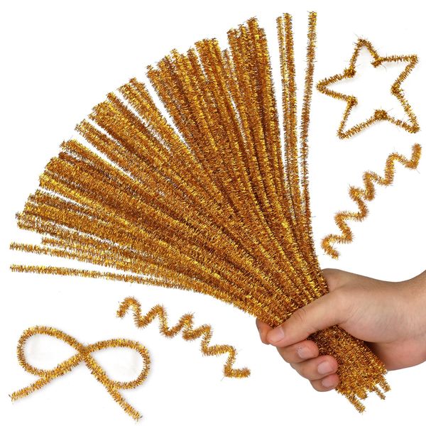 Hssugi Pipe Cleaners, 100PCS Christmas Pipe Cleaners Craft Supplies, Glitter Golden Pipe Cleaners Bulk Fuzzy Sticks for DIY Art and Craft Projects Home Decoration