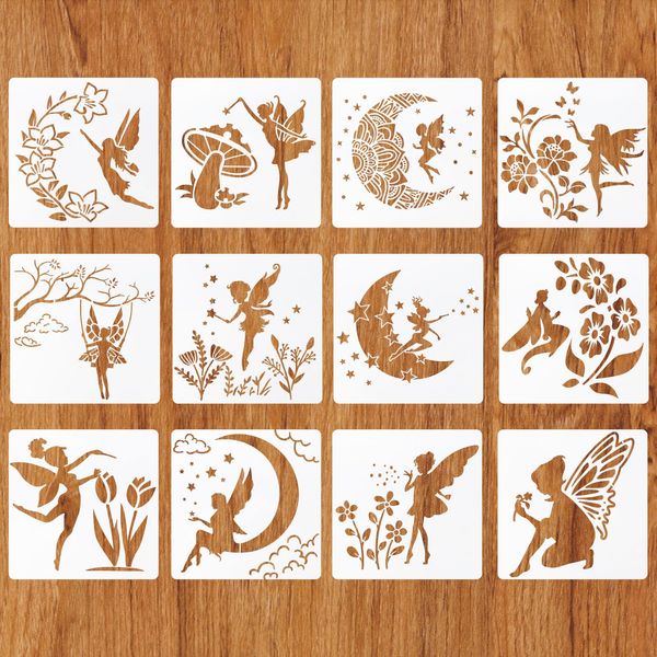 MWOOT 12 Pieces Fairy Stencils Set for Painting, Angel Moon Flowers Pattern DIY Drawing Template, Reusable Plastic Crafts Stencils for Scrapbooking Floor Wall Canvas Fabric Decor (20x20cm)