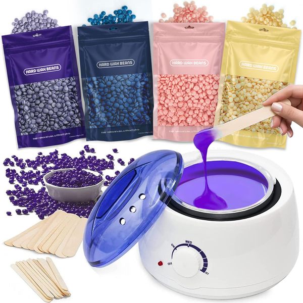 Waxing Kits Wax Warmer Full Kit, Wax Heater Kit with Wax Warmer, 4 * 100g Wax Beads and 30 Pcs Wax Spatulas, Painless at Home Wax Warme Hair Removal Kit Wax Kits