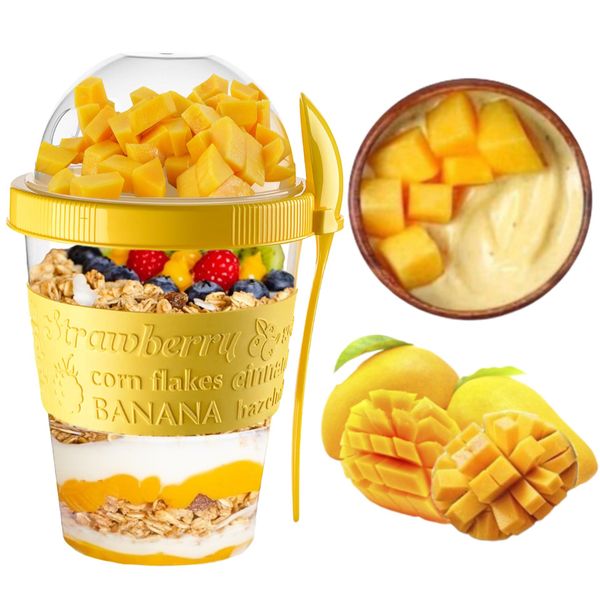 VL Yogurt Pots Spoon Reusable 600ML Overnight Oats Muesli Cup with Lid BPA free Breakfast Cereal To Go Dishwasher Safe Snack Lunch Oatmeal Jars Travel Meal Food Container 20 oz (Yellow)