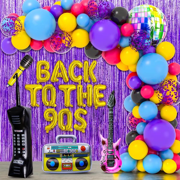 101PCS 90s Party Decorations, 90's Birthdays Party Supplies Bundle Includes Inflatable Disco Ball Radio Boom Box Retro Mobile Phone Guitar and Mobile Phone, Back to 90s Hip Hop Party for Adults