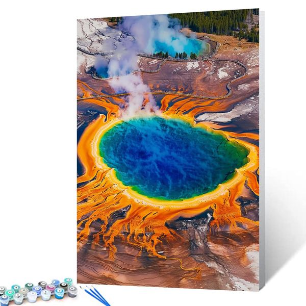 Native America Yellowstone Framed Paint by Numbers for Adult Kids Beginner Grand Prismatic Spring Painting Kit 16x20 inche Landscape Acrylic Arts Craft Farmhouse Decor Boho Paintwork Gift(DIY Frame)