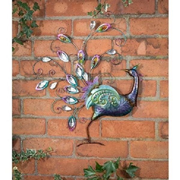 Weatherproof Garden wall art Metal Jewelled Hand Painted Peackock Garden Ornaments Decoration Wall Sculpture (Peacock Facing Back)