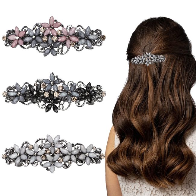 3 Stück Elegante Haarspangen für Damen Mädchen, Glitzernde Mode Exquisite Blume Kristall Haarspangen (Rosa und Dunkelblau/Schwarz und Dunkelblau/Grau und Grau)