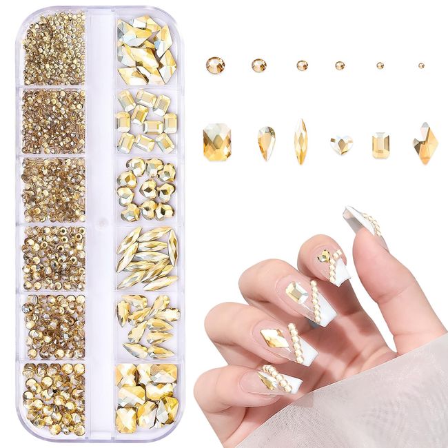 Nail Parts [Approximately 1,130 Pieces] Rhinestones, Glass Stones, DIY Nail Dating, Women's, Decorative, Festival, 3D, Water Droplet, Diamond-shaped, Heart, Glitter, Large Capacity Set, Boxed (Champagne Color)