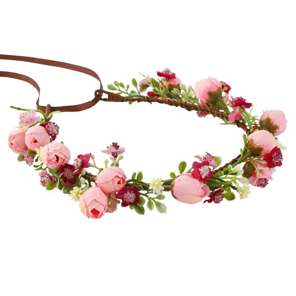 KorViSHOW Handmade Flower Crown Flower Hair Wreath Women Headband Green Leaf Headpiece Weeding Hair Accessories for Bridal Girls Halo Headdress(Pink Style)