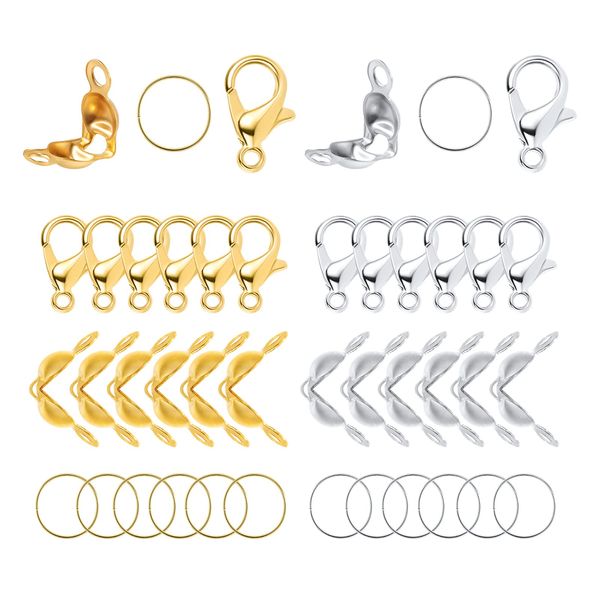 AIEX 540pcs Jewelry Making Accessories Set, 240pcs Bead Tips Knot Covers 240pcs Open Jump Ring Connectors and 60pcs Jewelry Clasps, Necklace Bracelet Making Kit for Jewelry Making (Gold, Silver)