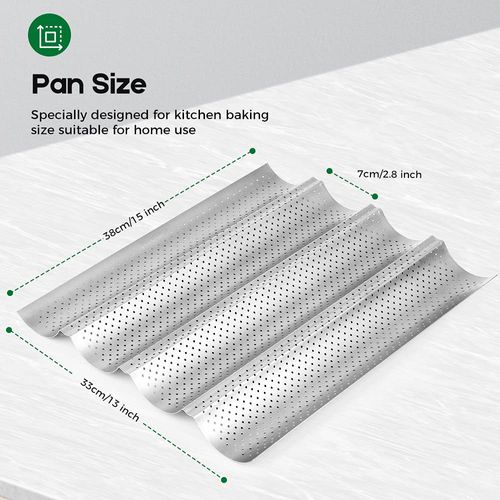 AMAGABELI GARDEN & HOME Nonstick Perforated Baguette Pan 15" x 13" for French Bread Baking 4 Wave Loaves Loaf Bake Mold Toast Cooking Bakers Molding 4 Gutter Oven Toaster Pan Cloche Waves Silver