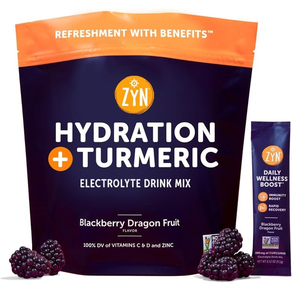 ZYN Electrolytes Powder Hydration Packets with Vitamins, Zinc Turmeric Curcumin for Gut Health, Immune Support, Low Sugar Electrolyte Drink Mix Packets with Piperine, BlackBerry Dragon Fruit, 16 Pack