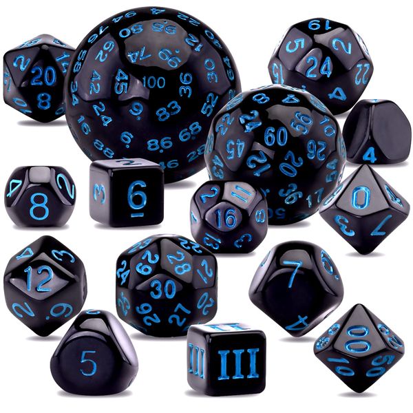 SIQUK 15 Pieces Complete Polyhedral Dice Set D3-D100 Game Dice Set with a Leather Drawstring Storage Bag for Role Playing Table Games, Black and Blue