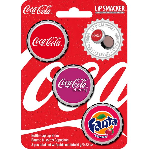 Lip Smacker Coca-Cola Kollection, Lippenbalsam, 3er Lip Balm Set in Geschmacksrichtungen Klassische Cola, Kirsch-Cola und Fanta-Erdbeere, feuchtigkeitsspendende und erfrischende Lippenpflege