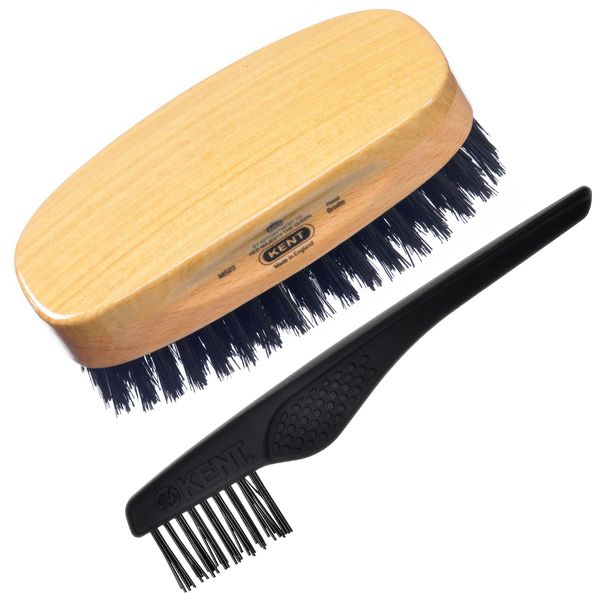 Kent MS23 Men Rectangular Military Satinwood/Beechwood Base. Pure Black Bristle Gentleman's Hair Brush + Kent LPC3 Hair Brush Cleaner. Best Hair Care Kit for Men, 360 Wave Brush (MS23+LPC3)