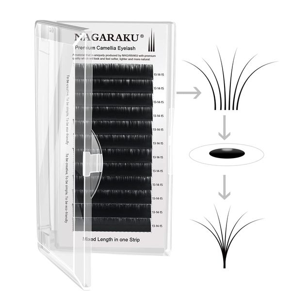 NAGARAKU Eyelash Extensions Individual Lash 0.05 C curl 13-14-15mm Mix Classic 3 Layers Camellia Faux Mink Lash Fluffy Soft Light no glue on base Mega Volume