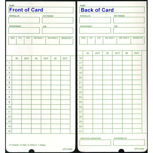 600 uPTC1000-1 Compatible Time Cards for Non-Calculating uPunch HN3000 AutoAlign Time Clock (fits HN1000, HN1500, HN3000, HN3500, HN3540, UB1000)