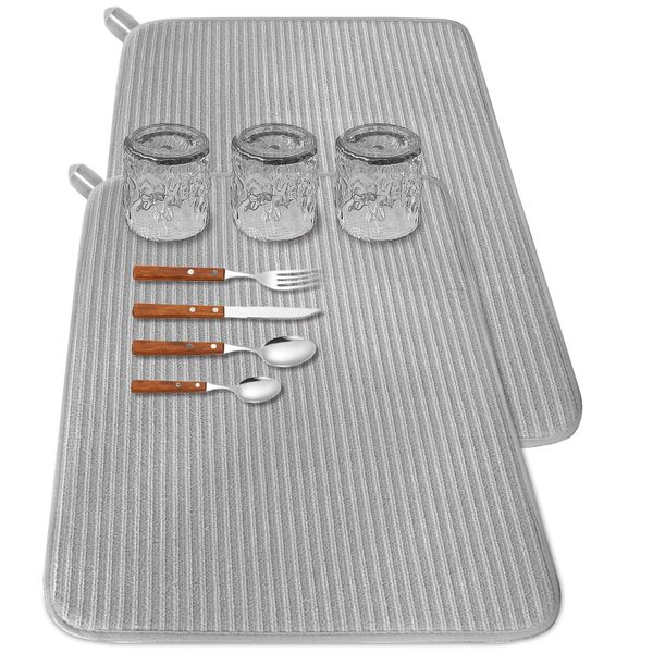 2 Pack Large Dish Drying Mat for Kitchen Counter,24*17 inch Microfiber Absorbent Dish Drainer,Large Size Dish Drying Pad for Countertops,Draining Racks,Sinks(Gray)