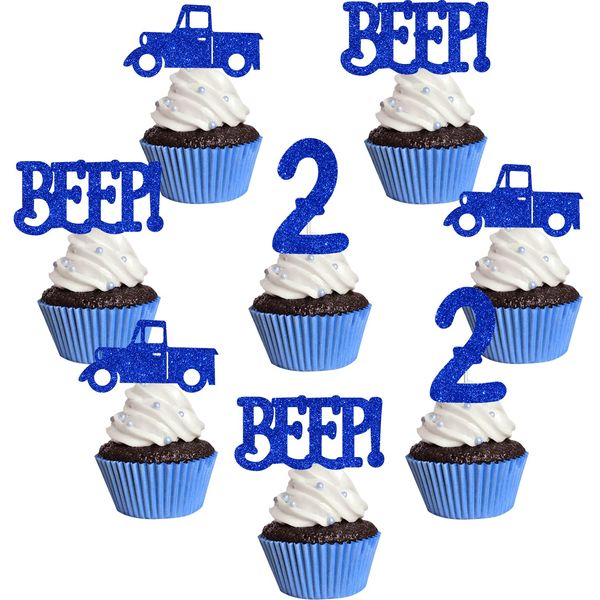 24Pcs Blue Truck 2nd Birthday Cupcake Toppers Little Blue Truck Birthday Party Decorations Glitter Beep Beep Beep Cake Decor for Boys Girls 2nd Birthday Farm Themed Party Car Themed Party Supplies