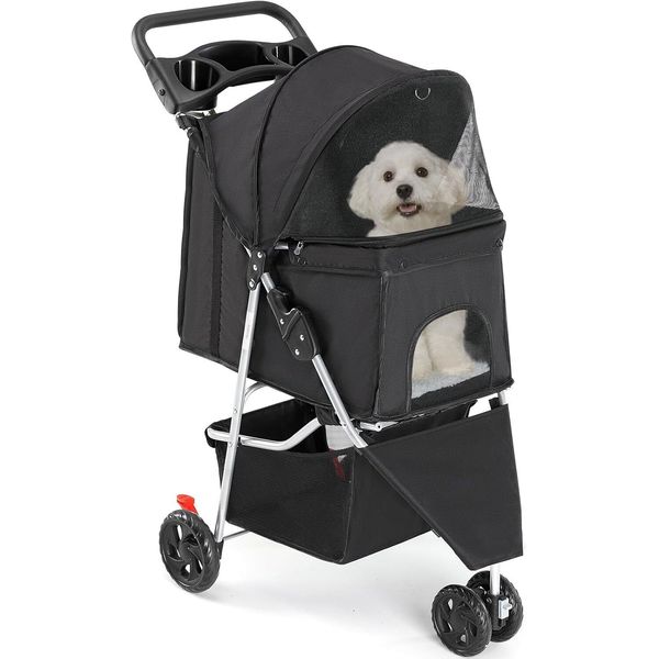 Travel Foldable Pet Stroller 3-Wheels Puppy Stroller Cart Cup Holder Breathable