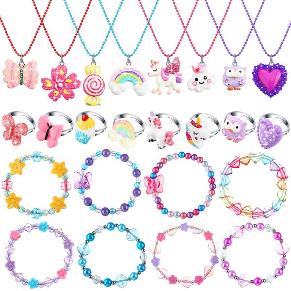 24 Pcs Christmas Little Girl Jewelry Set Kids Unicorn Necklace Cute Woven Bracelet Ring for Pretend Dress up Party Favor (Floral Style)