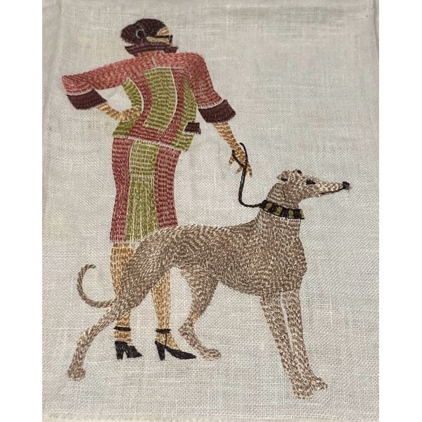 Anali Woman Lady Walking Dog Embroidered Kitchen Napkin Tea Towel Retro 15"X20"