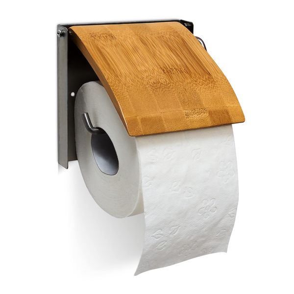 Relaxdays Mounted Roll Made of Bamboo and Stainless Steel Bathroom Wall Toilet Paper Holder, Natural, Brown, 2.5 x 14.5 x 13.5 cm