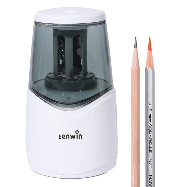 Tenwin Pencil Sharpener Electric Pencil Sharpener for 6-8mm Pencils, Spiral Blade, Anti-Core, Suitable for School, Work, Home (USB Cable Included) White