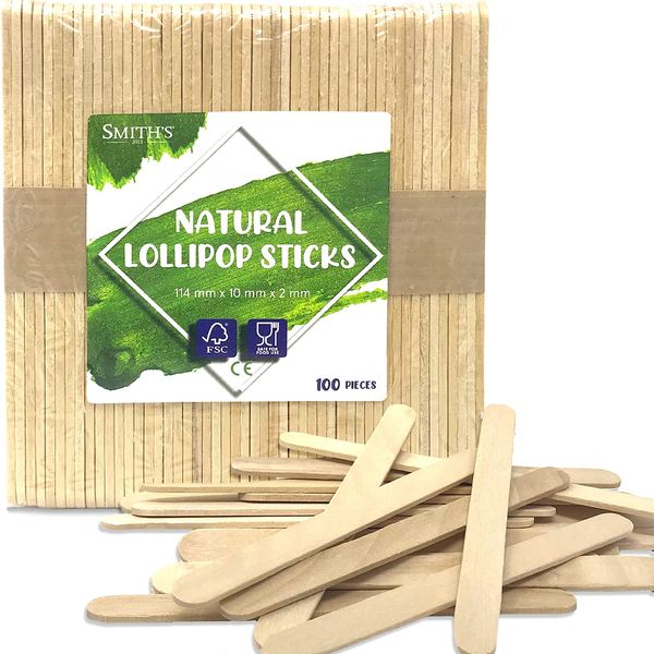 Smith’s® 100 Natural Lollipop Sticks | 114 x 10 x 2mm | Popsicle, Wooden Lollypop, Ice Lolly, Lollies | Food Safe, FSC Certified, FDA & CE Compliant | Smooth Edges | No Splinters!