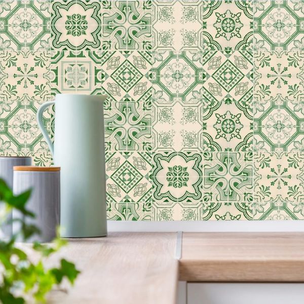 20pcs Green Victorian Tile Stickers, Kitchen Bathroom Wall Tile Stickers Peel and Stick on Tile Transfers Covers Decals Self Adhesive Vinyl Waterproof Beige Vintage Mosaic (15cm x 15cm, 6x6 inches)