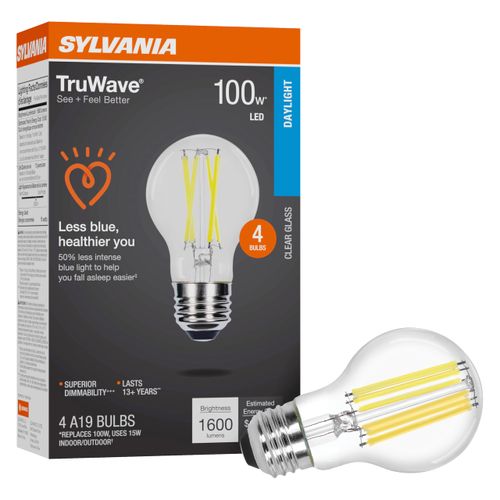 Sylvania LED TruWave Natural Series A19 Light Bulb, 100W Equivalent, Efficient 15W, 1600 Lumens, Medium Base, Dimmable, Clear, 5000K, Daylight - 4 Pack (42273)