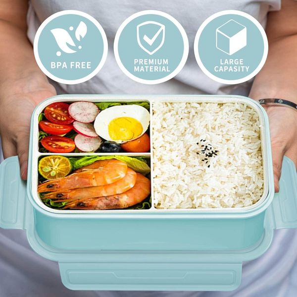 Lunch Box,Bento Lunch Box for Adults and Kids,Lunchbox Salad Lunch Container with 3 Compartments for Food Fruit Snack,Built-in Reusable Spoon,1400ml Food Storage Containers,BPA (Green)