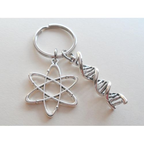 DNA Molecule Double Helix Charm & Atom Charm Keychain, Science Keychain