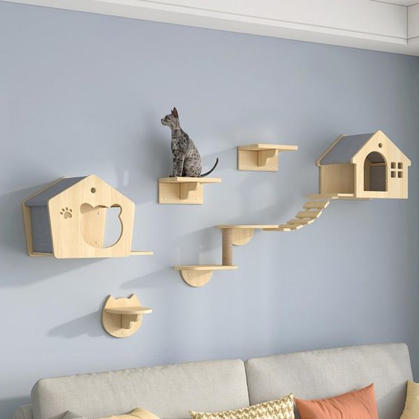 Hinniuy Catwalk, Wooden Suspension Bridge, DIY Cat Tower, Load Capacity 88.2 lbs (40 kg), Cat Step, Indoor, Wall Mounted Cat Furniture, Easy Installation, Cat Shelf, Natural Material, Cat House, Claw